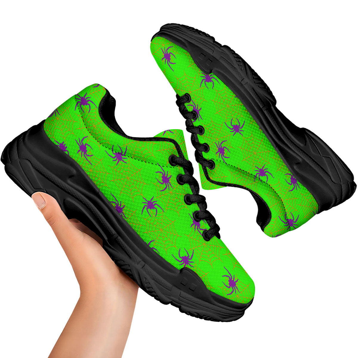 Spider Web Green And Purple Print Pattern Black Chunky Shoes-grizzshop
