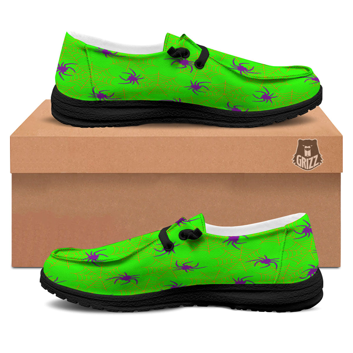 Spider Web Green And Purple Print Pattern Black Loafers-grizzshop