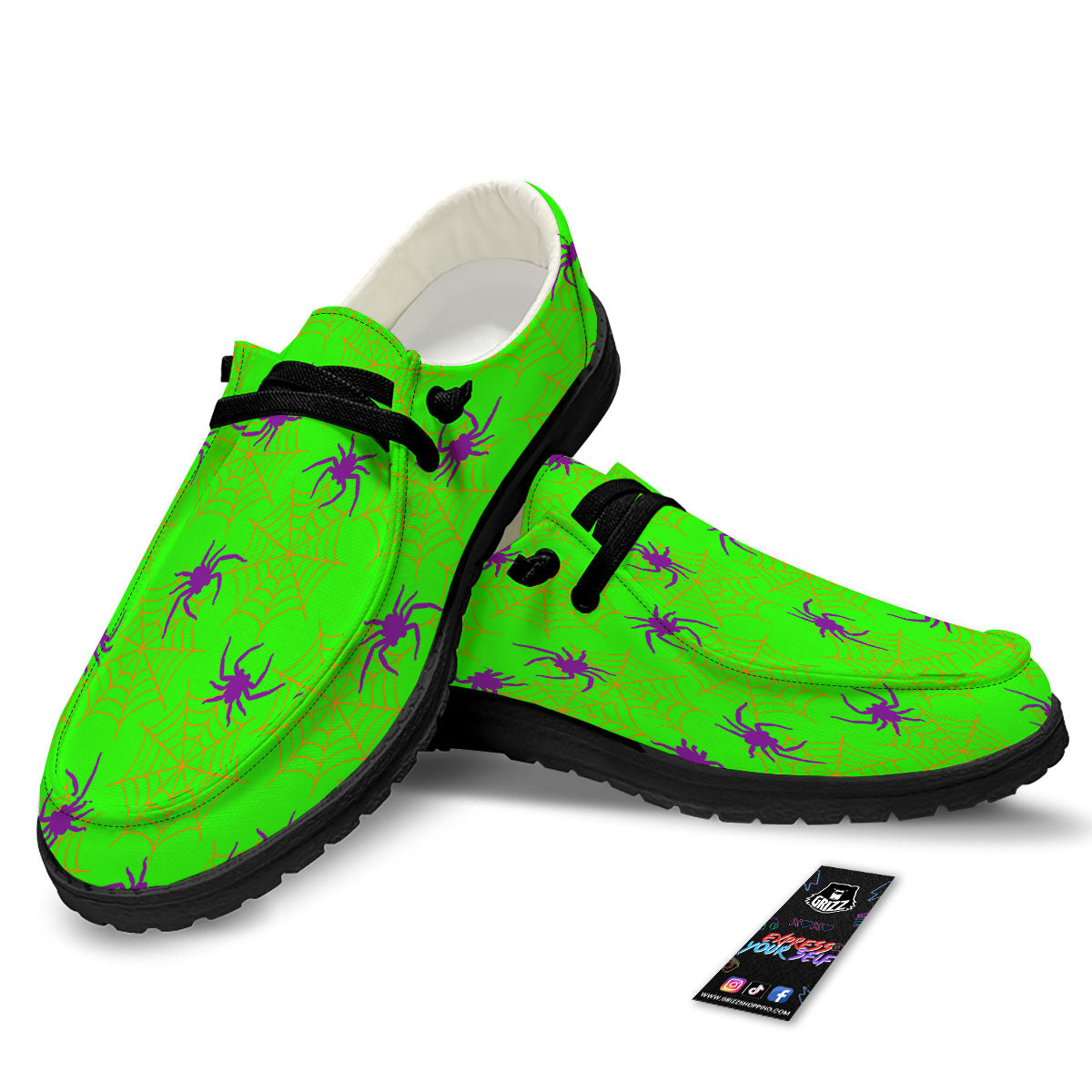 Spider Web Green And Purple Print Pattern Black Loafers-grizzshop