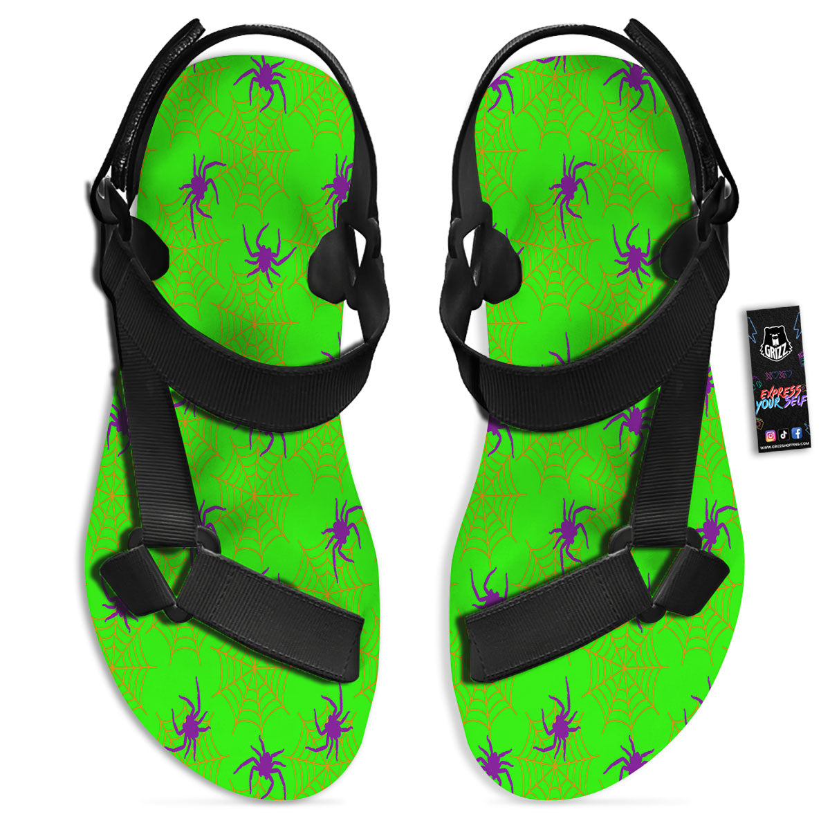 Spider Web Green And Purple Print Pattern Black Open Toe Sandals-grizzshop