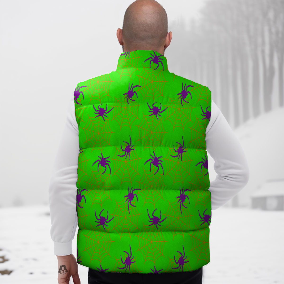 Spider Web Green And Purple Print Pattern Down Vest