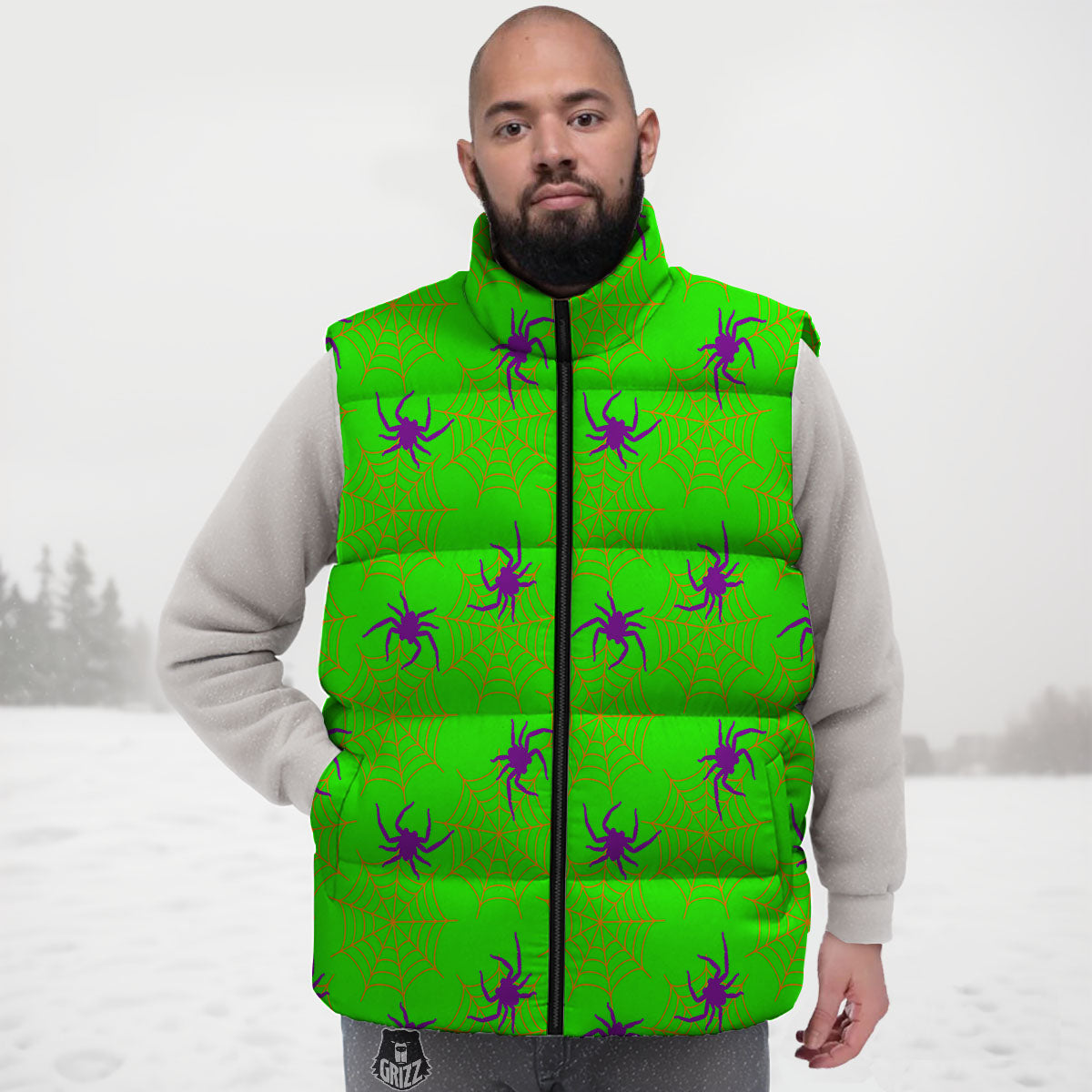 Spider Web Green And Purple Print Pattern Down Vest