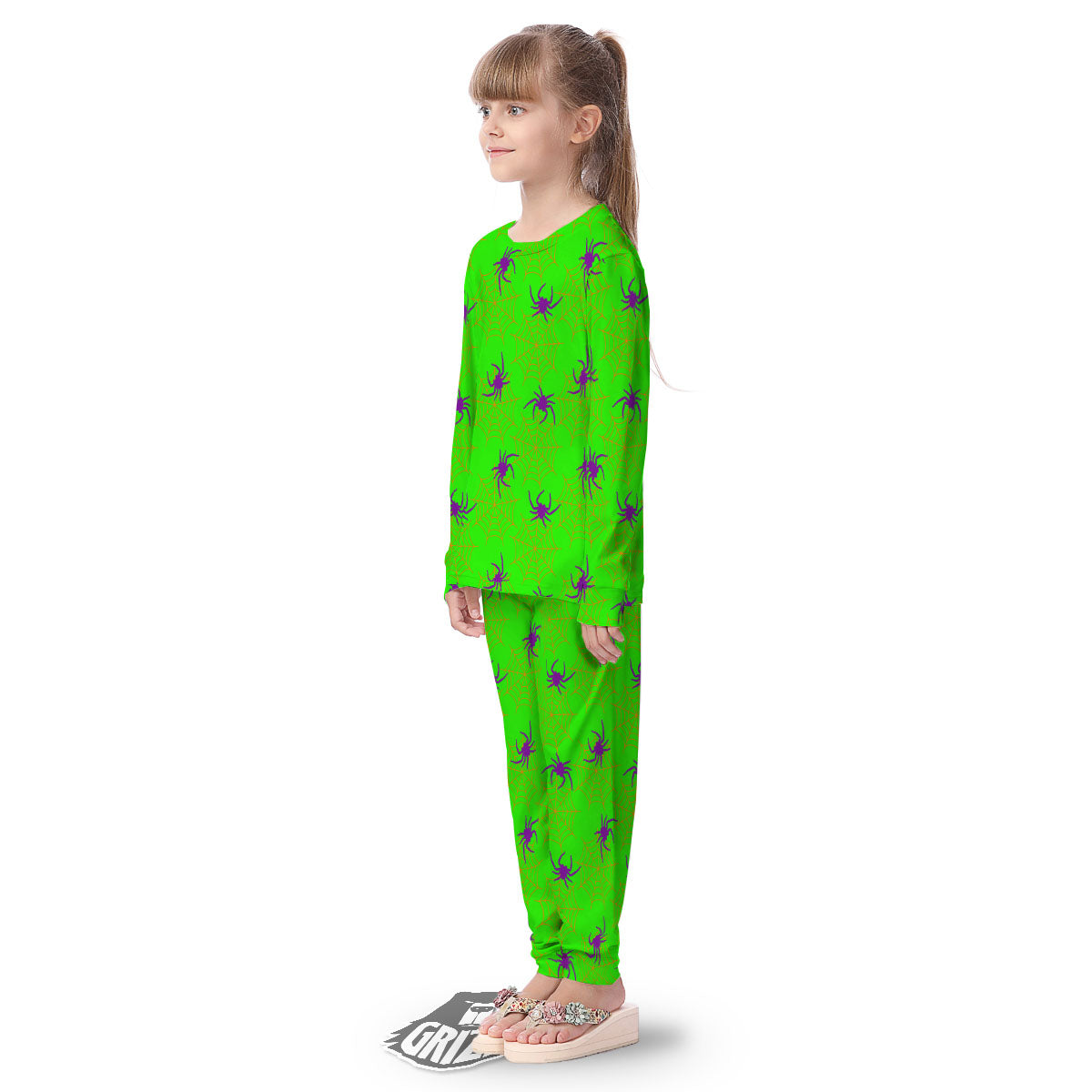 Spider Web Green And Purple Print Pattern Kid's Pajamas-grizzshop
