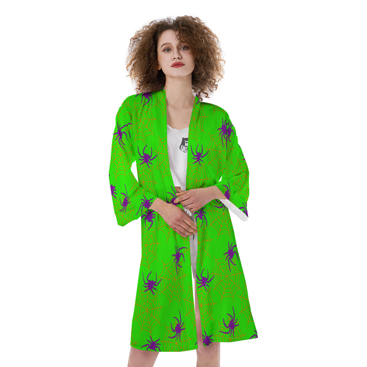 Spider Web Green And Purple Print Pattern Kimono-grizzshop