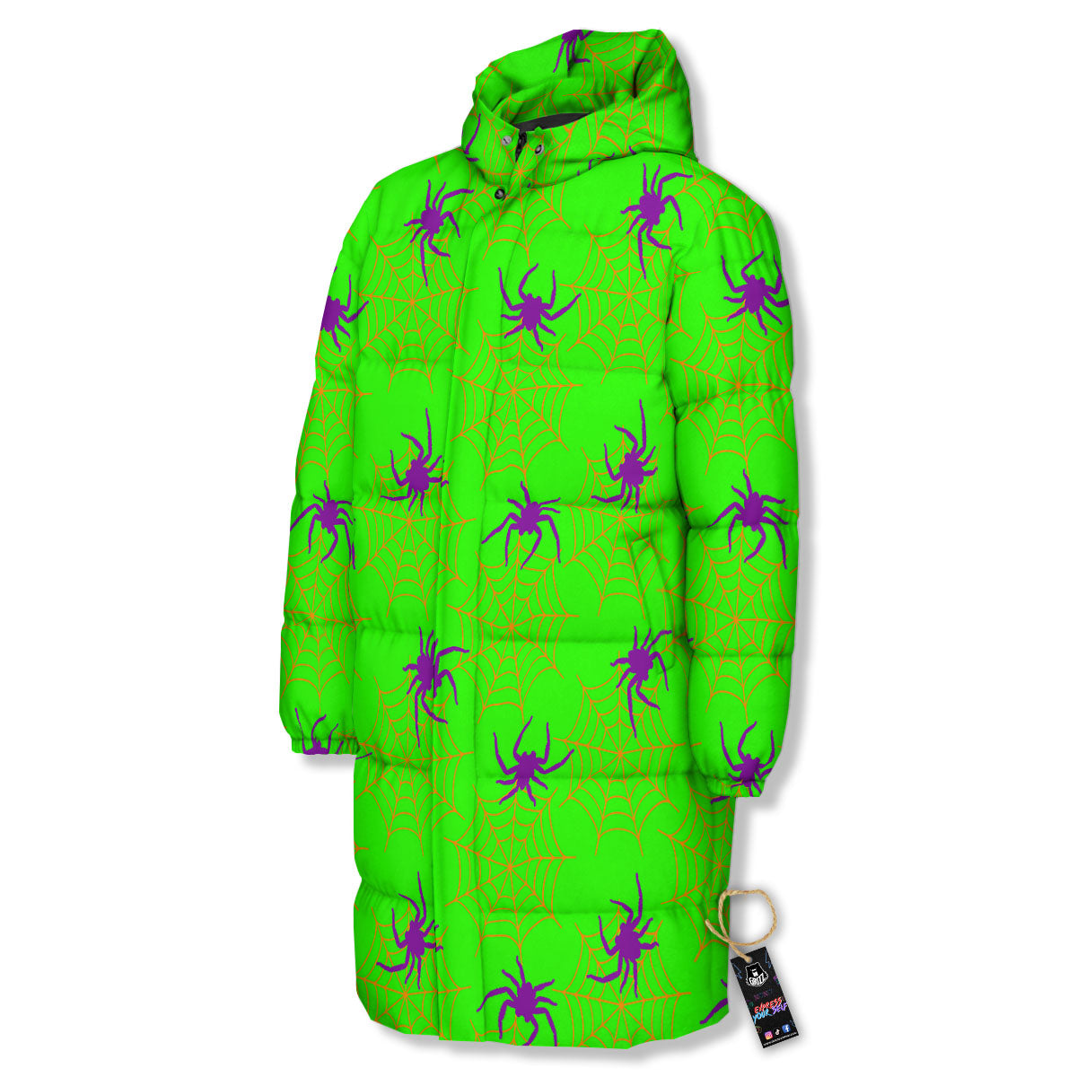 Spider Web Green And Purple Print Pattern Long Down Jacket-grizzshop