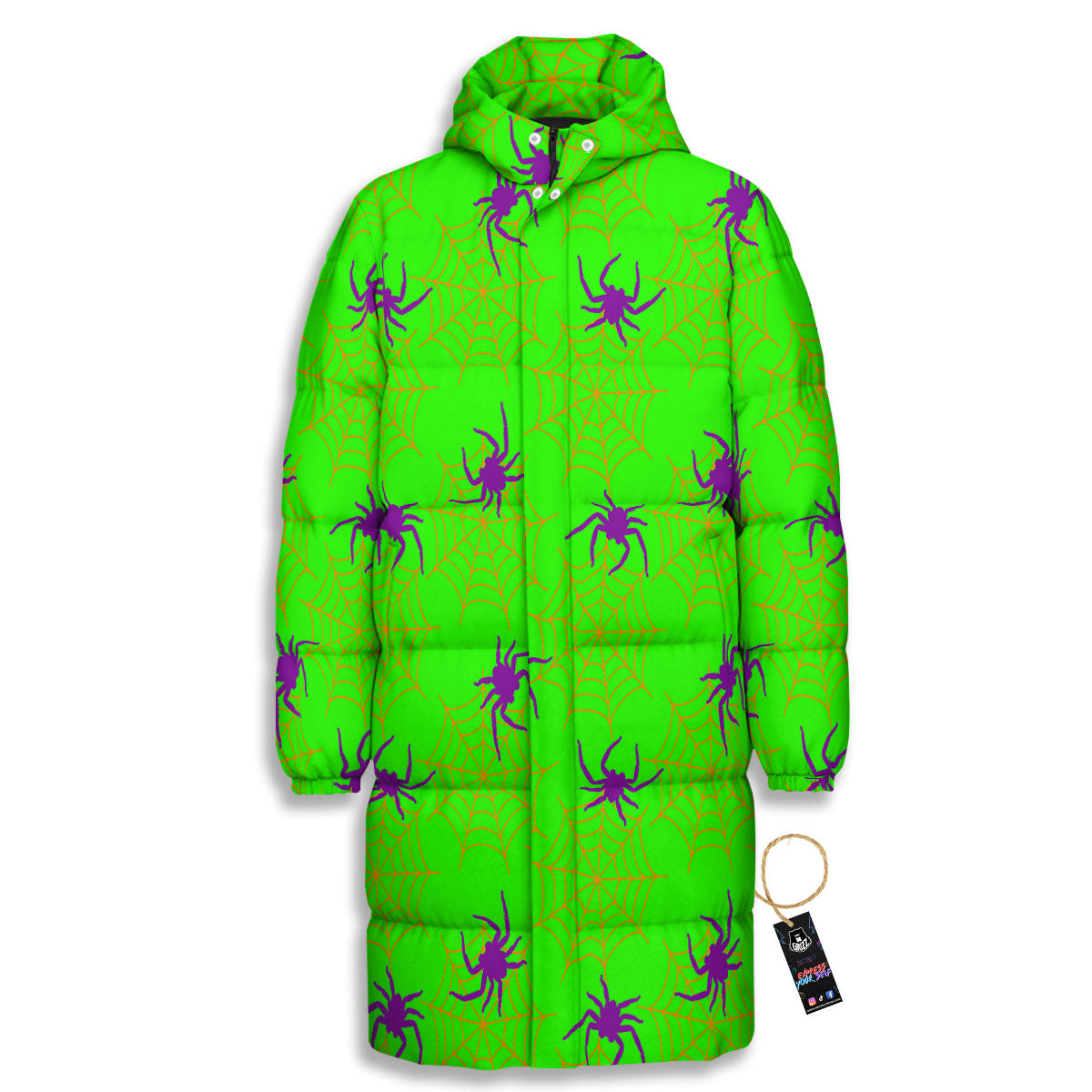 Spider Web Green And Purple Print Pattern Long Down Jacket-grizzshop
