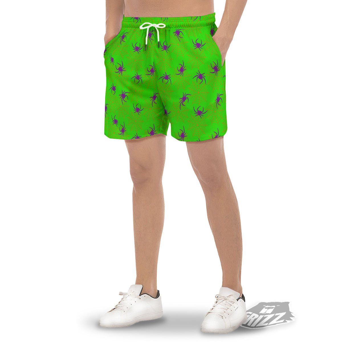 Spider Web Green And Purple Print Pattern Men's Gym Shorts-grizzshop