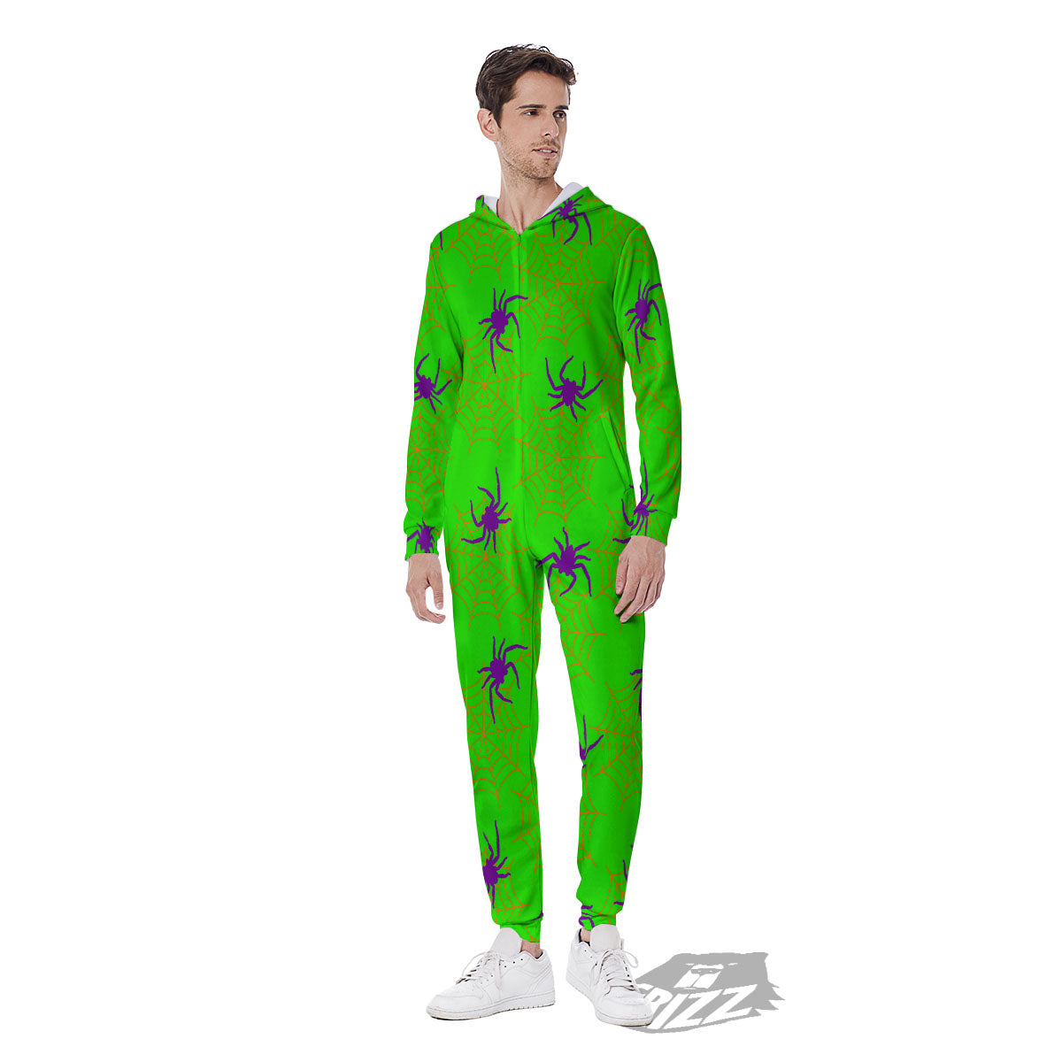 Spider Web Green And Purple Print Pattern Men's Jumpsuit-grizzshop