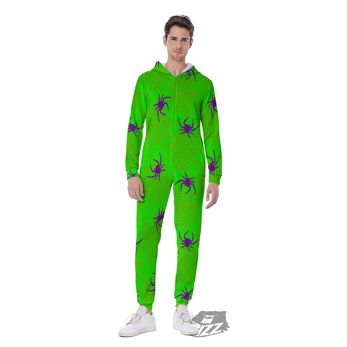 Spider Web Green And Purple Print Pattern Men's Jumpsuit-grizzshop