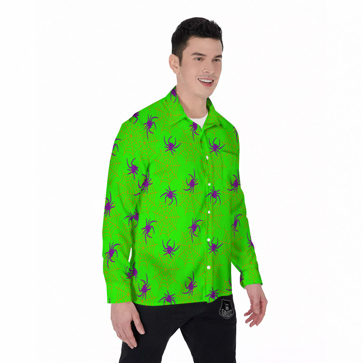 Spider Web Green And Purple Print Pattern Men's Long Sleeve Shirts-grizzshop