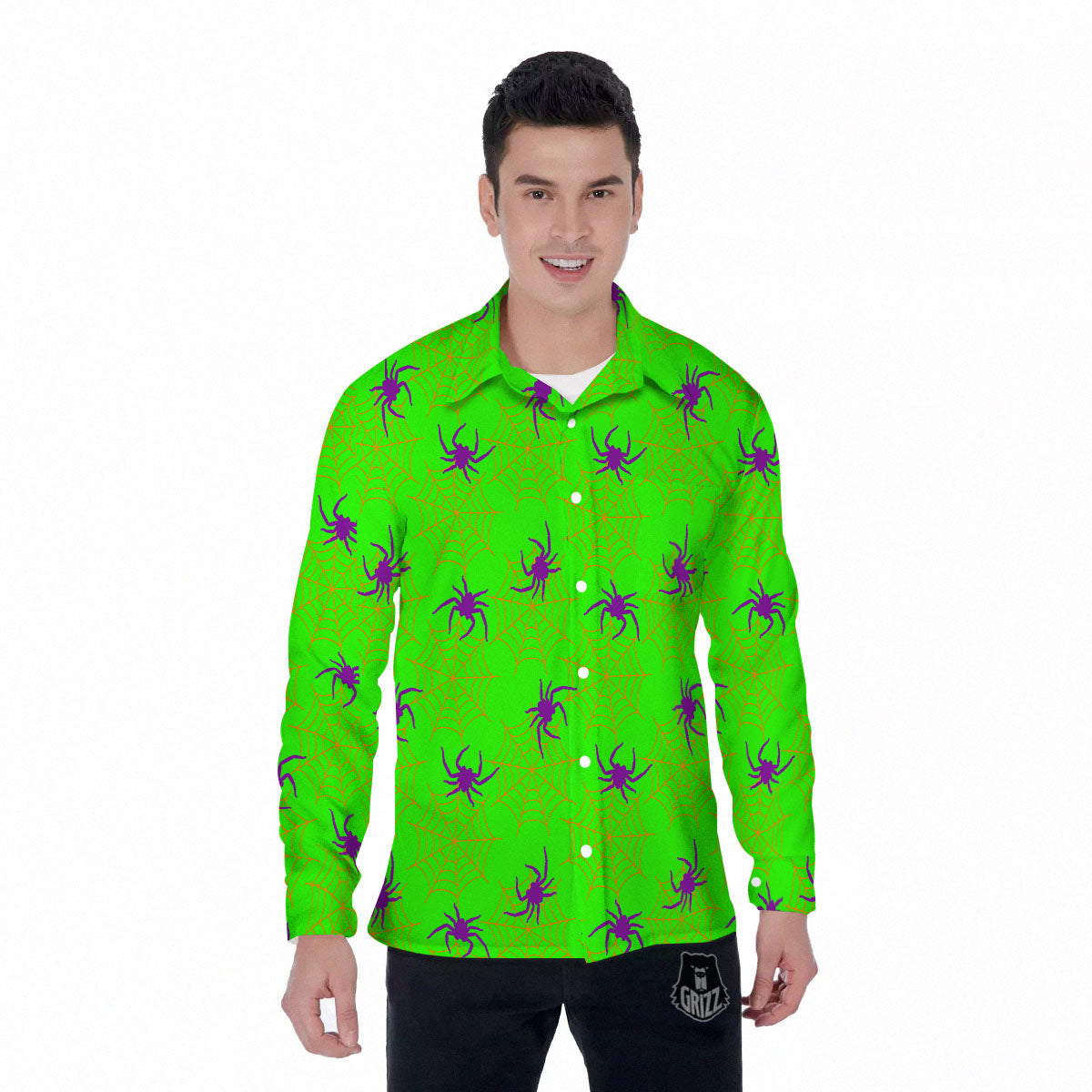 Spider Web Green And Purple Print Pattern Men's Long Sleeve Shirts-grizzshop