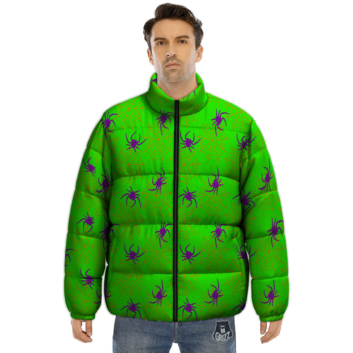 Spider Web Green And Purple Print Pattern Puffer Jacket-grizzshop
