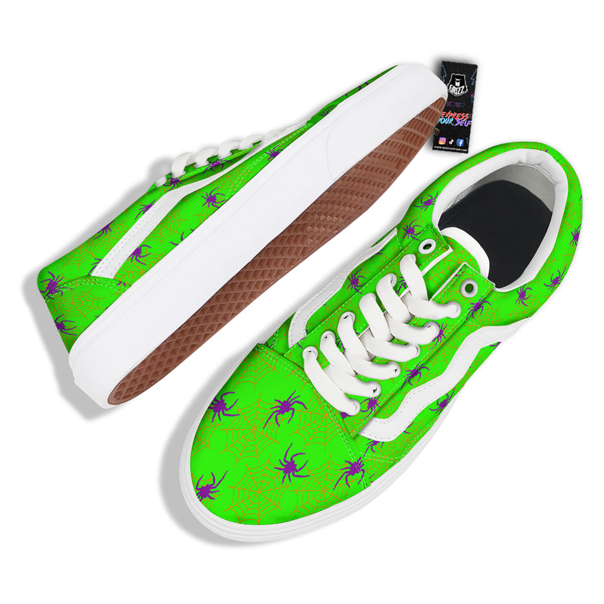 Spider Web Green And Purple Print Pattern Skate Shoes-grizzshop