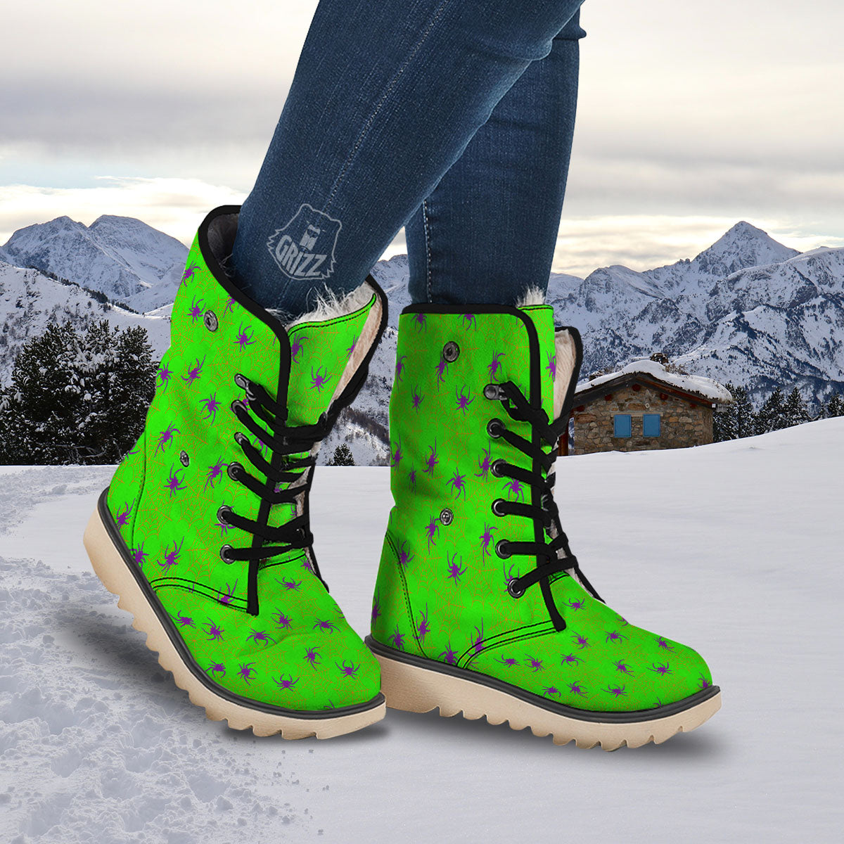 Spider Web Green And Purple Print Pattern Snow Boots-grizzshop