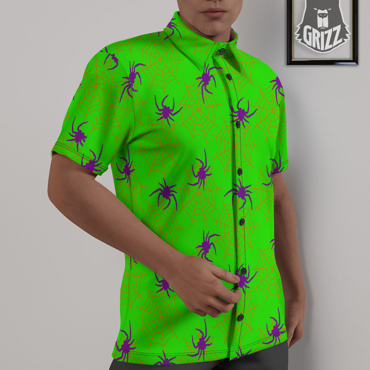 Spider Web Green And Purple Print Pattern Untucked Shirts-grizzshop
