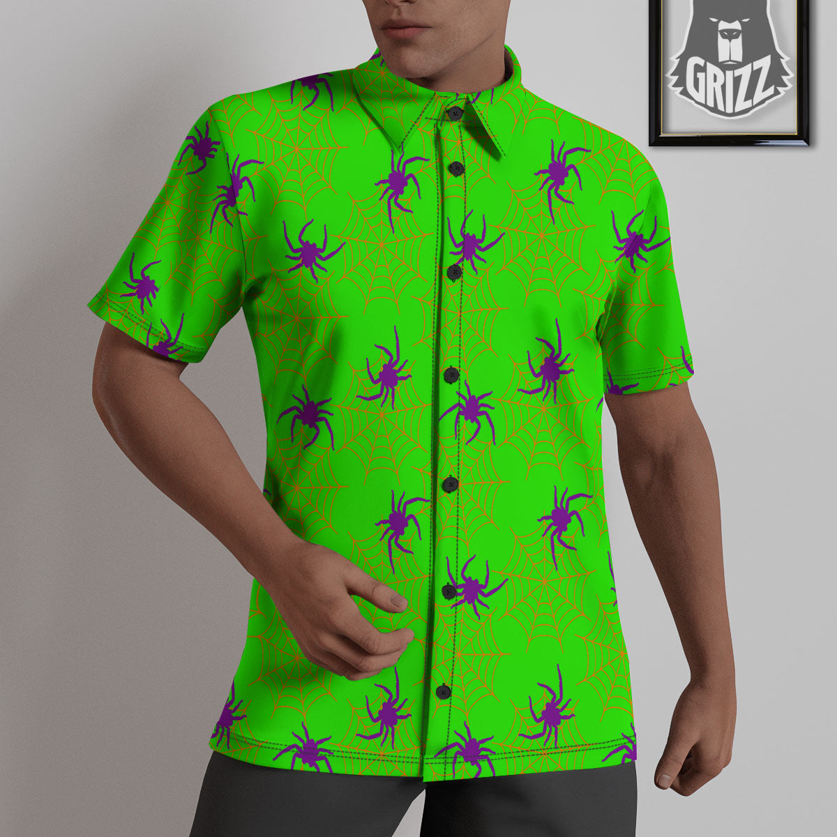 Spider Web Green And Purple Print Pattern Untucked Shirts-grizzshop
