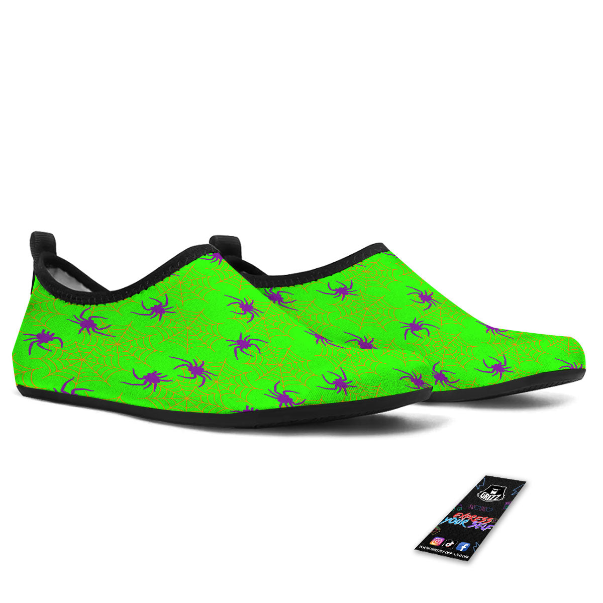 Spider Web Green And Purple Print Pattern Water Shoes-grizzshop