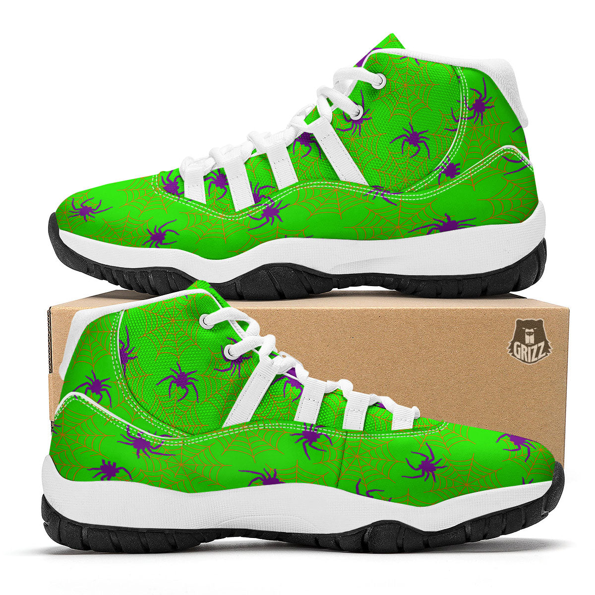 Spider Web Green And Purple Print Pattern White Bball Shoes-grizzshop