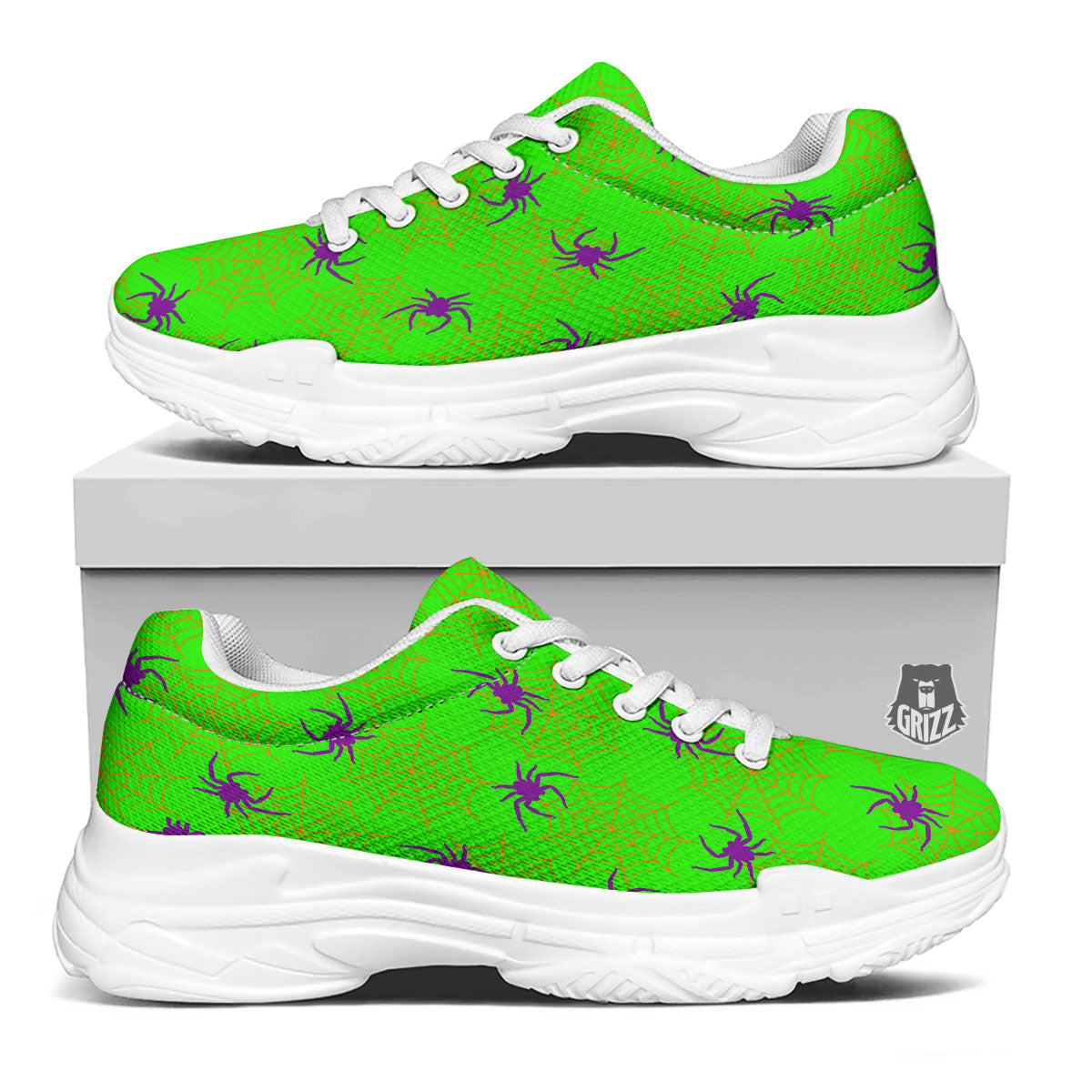 Spider Web Green And Purple Print Pattern White Chunky Shoes-grizzshop