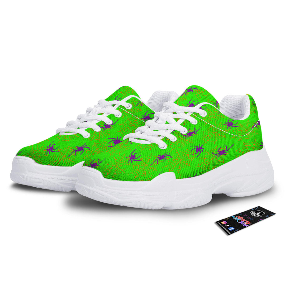 Spider Web Green And Purple Print Pattern White Chunky Shoes-grizzshop