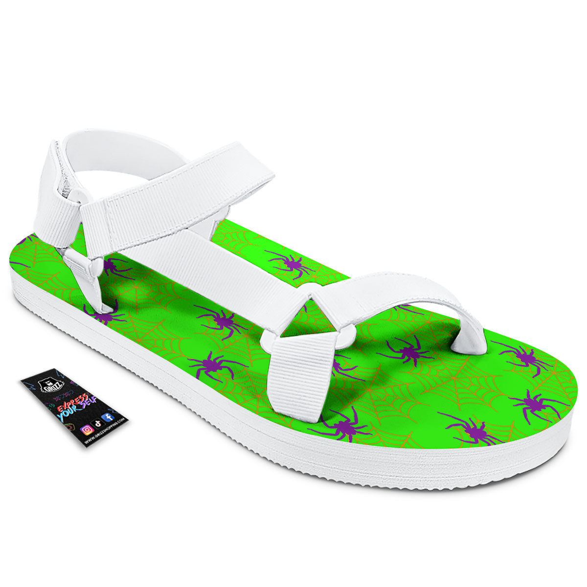 Spider Web Green And Purple Print Pattern White Open Toe Sandals-grizzshop