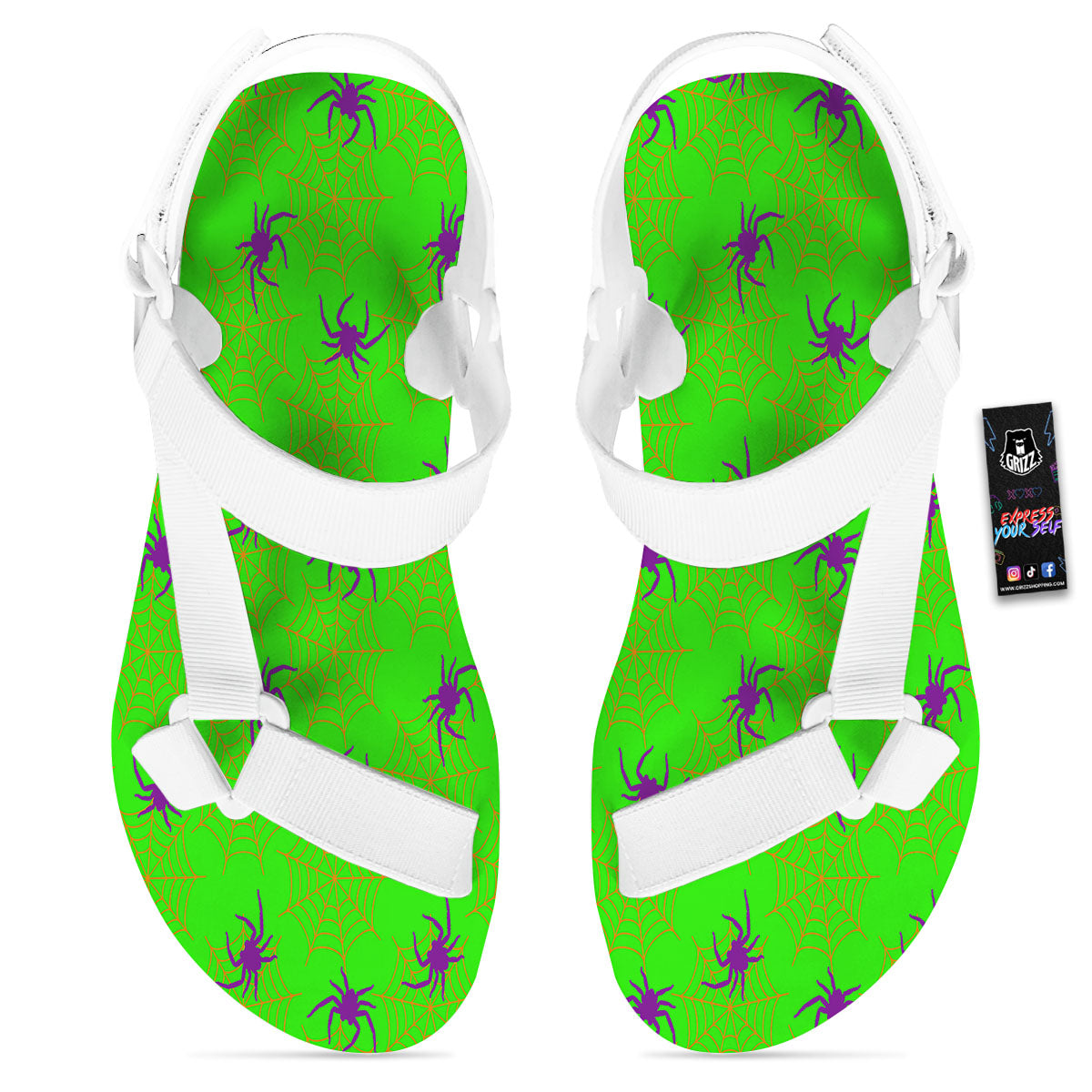 Spider Web Green And Purple Print Pattern White Open Toe Sandals-grizzshop