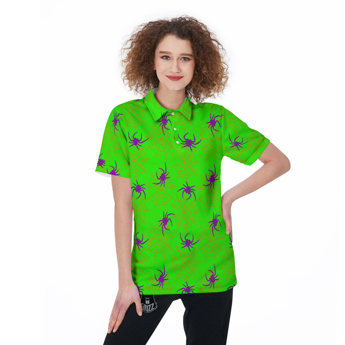 Spider Web Green And Purple Print Pattern Women's Golf Shirts-grizzshop