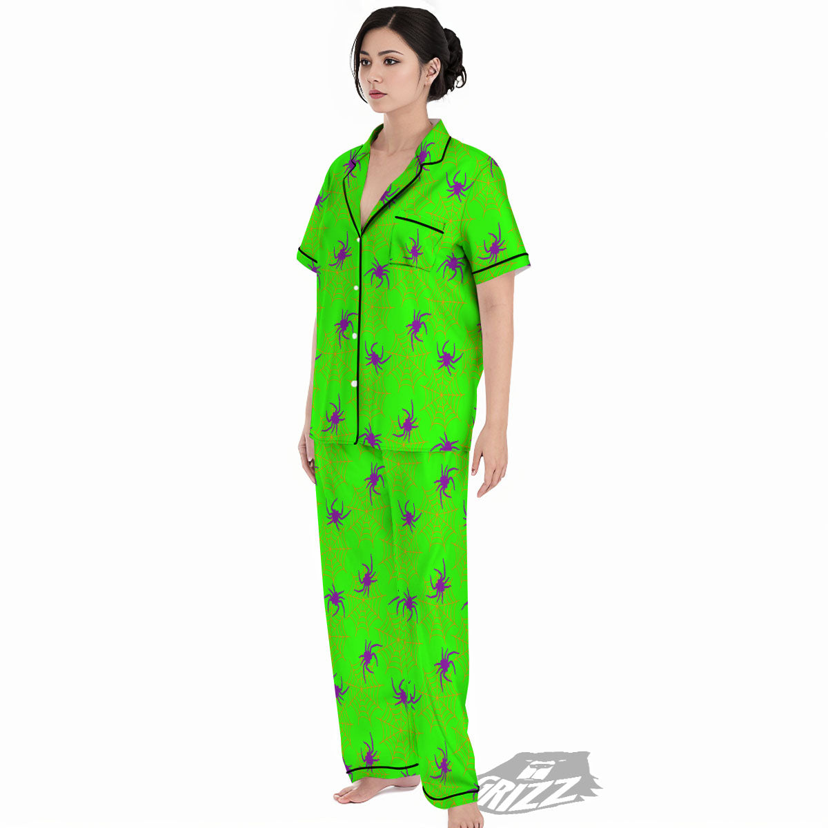 Spider Web Green And Purple Print Pattern Women's Pajamas Set-grizzshop