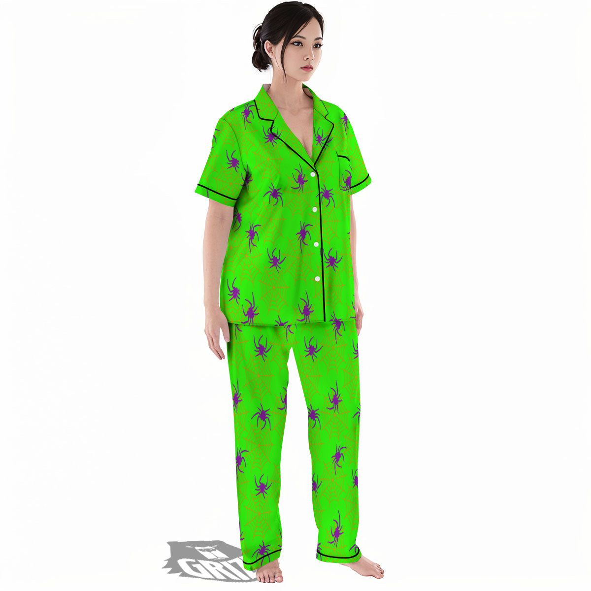 Spider Web Green And Purple Print Pattern Women's Pajamas Set-grizzshop