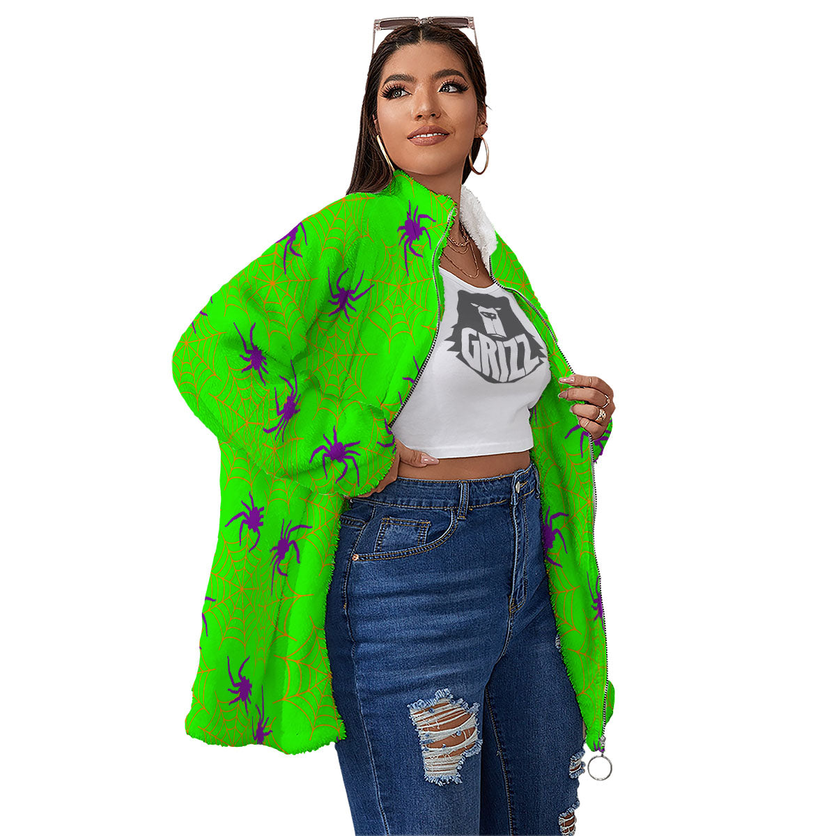 Spider Web Green And Purple Print Pattern Women's Sherpa Jacket-grizzshop