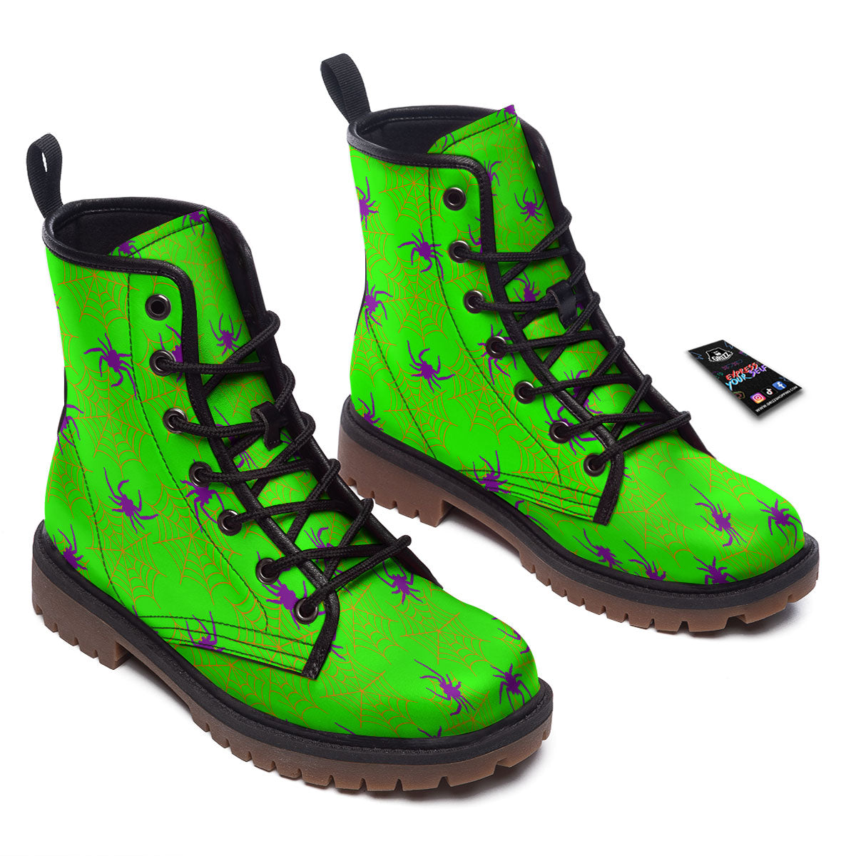 Spider Web Green And Purple Print Pattern Work Boots-grizzshop