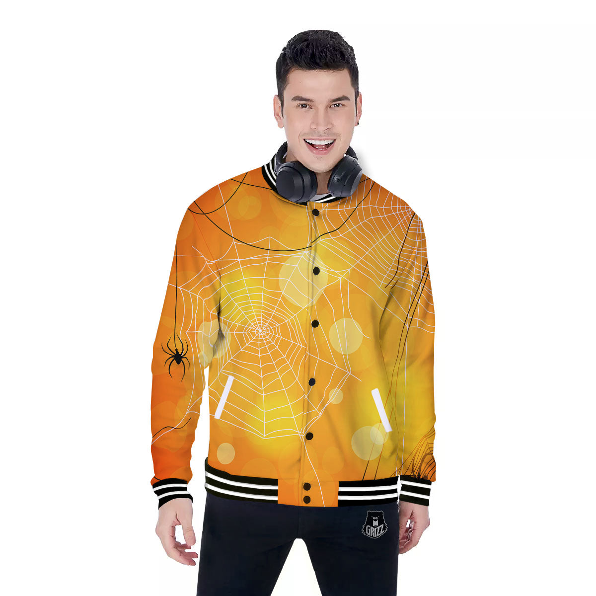 Spider Web Halloween Print Baseball Jacket-grizzshop