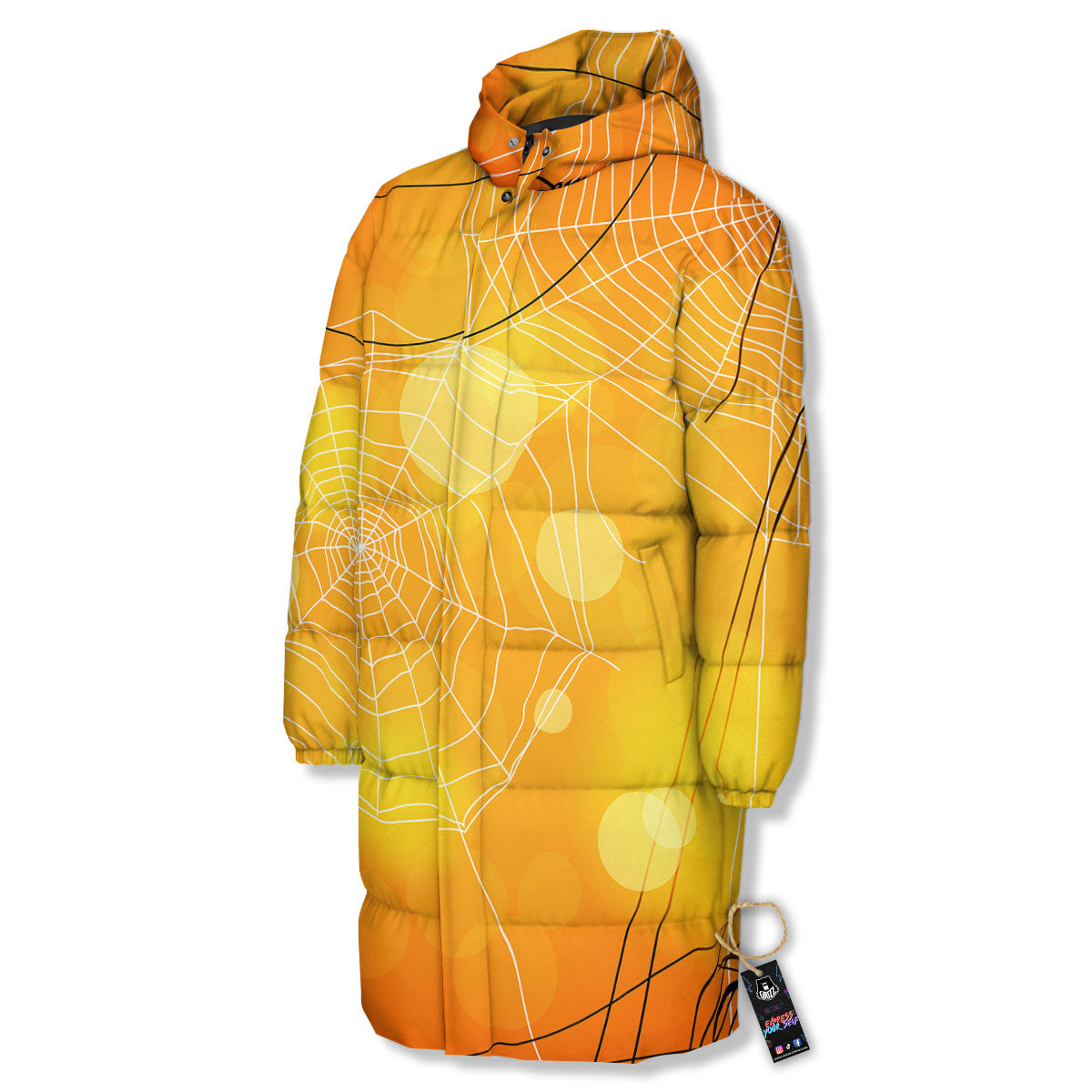 Spider Web Halloween Print Long Down Jacket-grizzshop