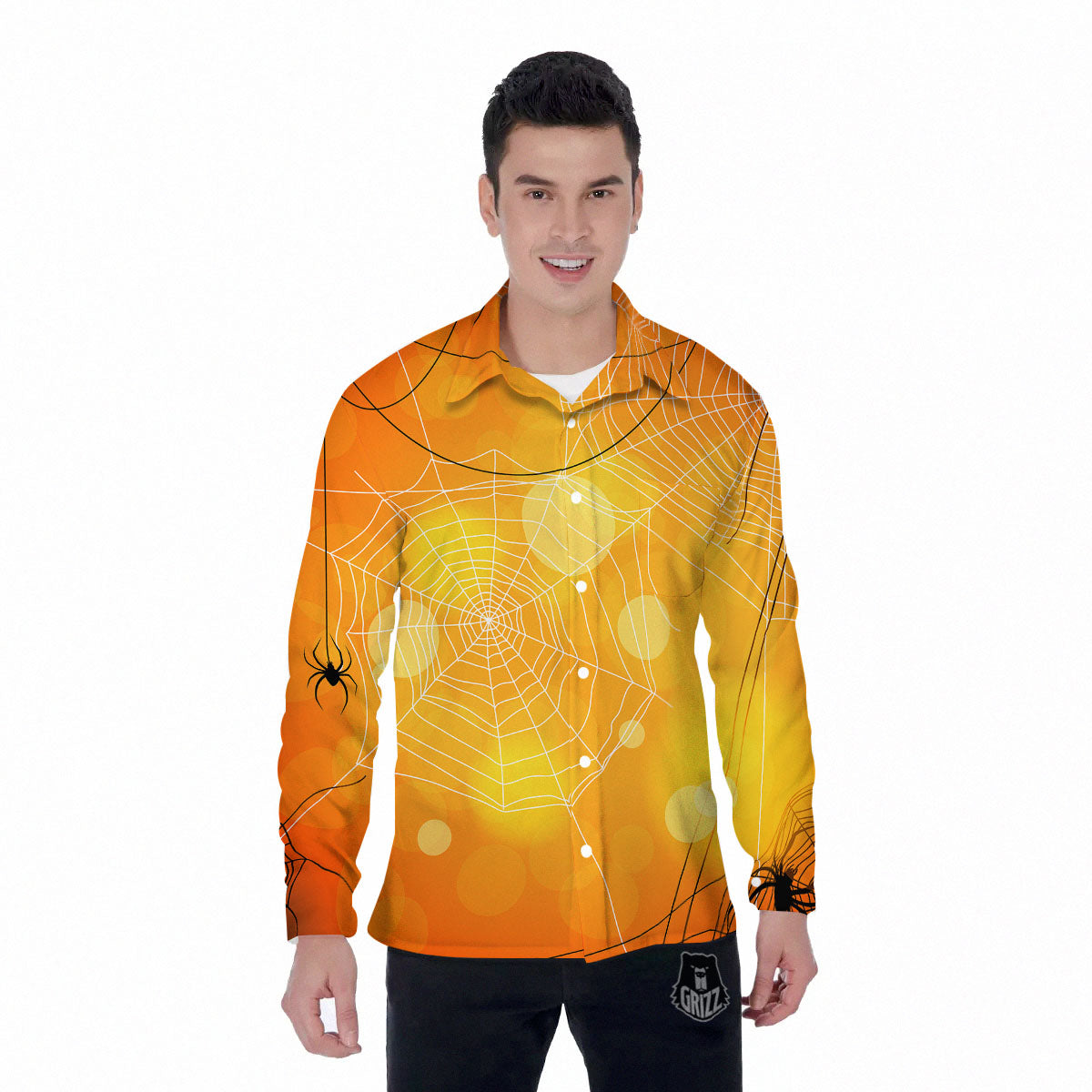 Spider Web Halloween Print Men's Long Sleeve Shirts-grizzshop