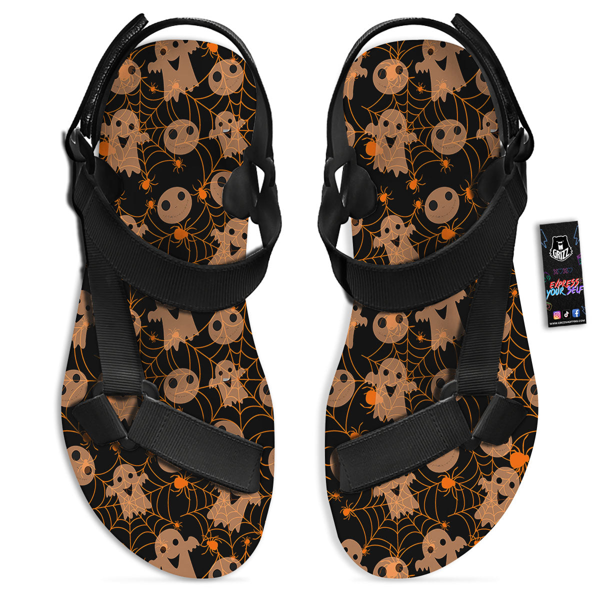 Spider Web Halloween Print Pattern Black Open Toe Sandals-grizzshop
