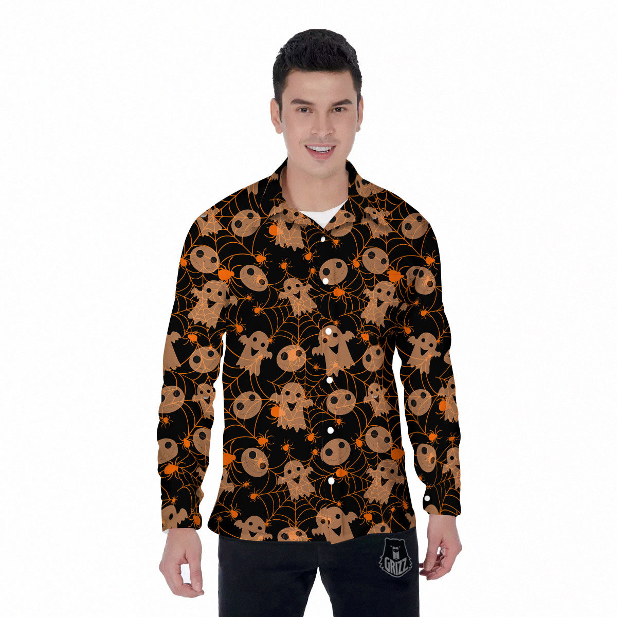 Spider Web Halloween Print Pattern Men's Long Sleeve Shirts-grizzshop