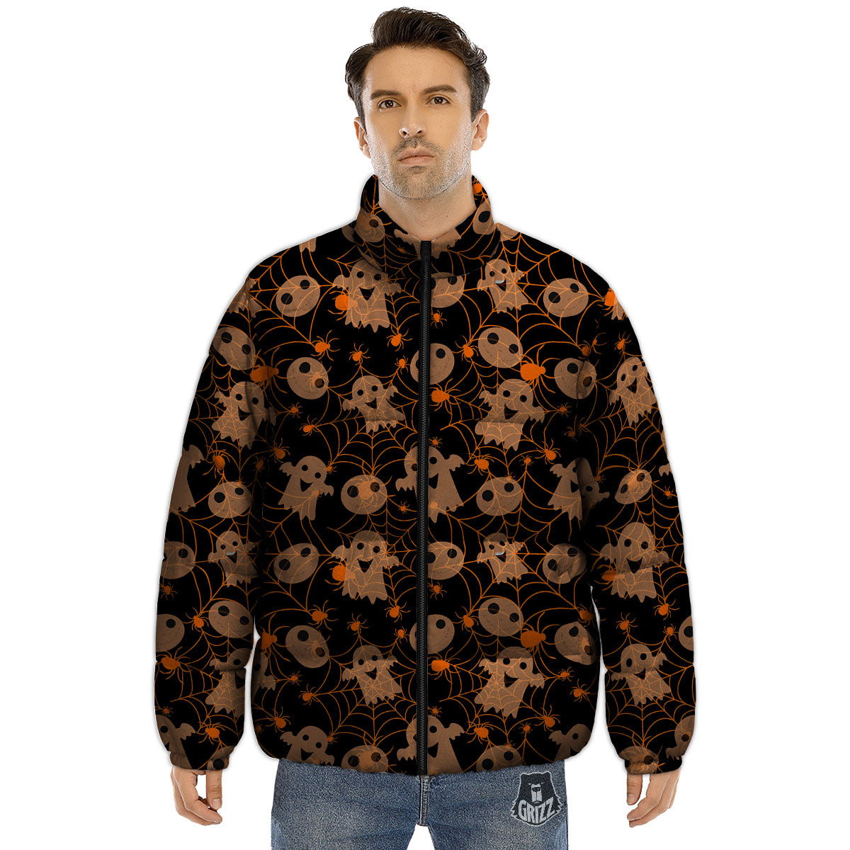 Spider Web Halloween Print Pattern Puffer Jacket-grizzshop