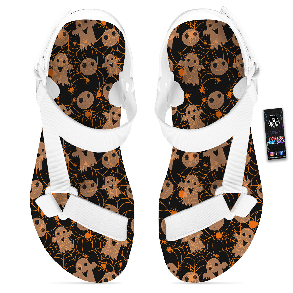 Spider Web Halloween Print Pattern White Open Toe Sandals-grizzshop