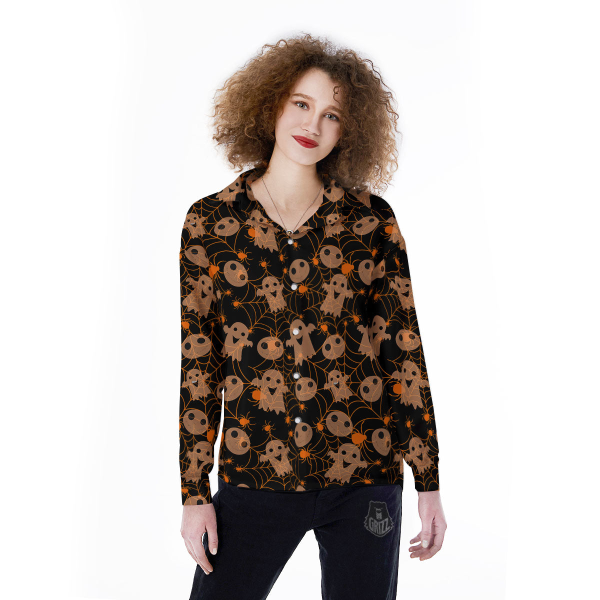 Spider Web Halloween Print Pattern Women's Long Sleeve Shirts-grizzshop
