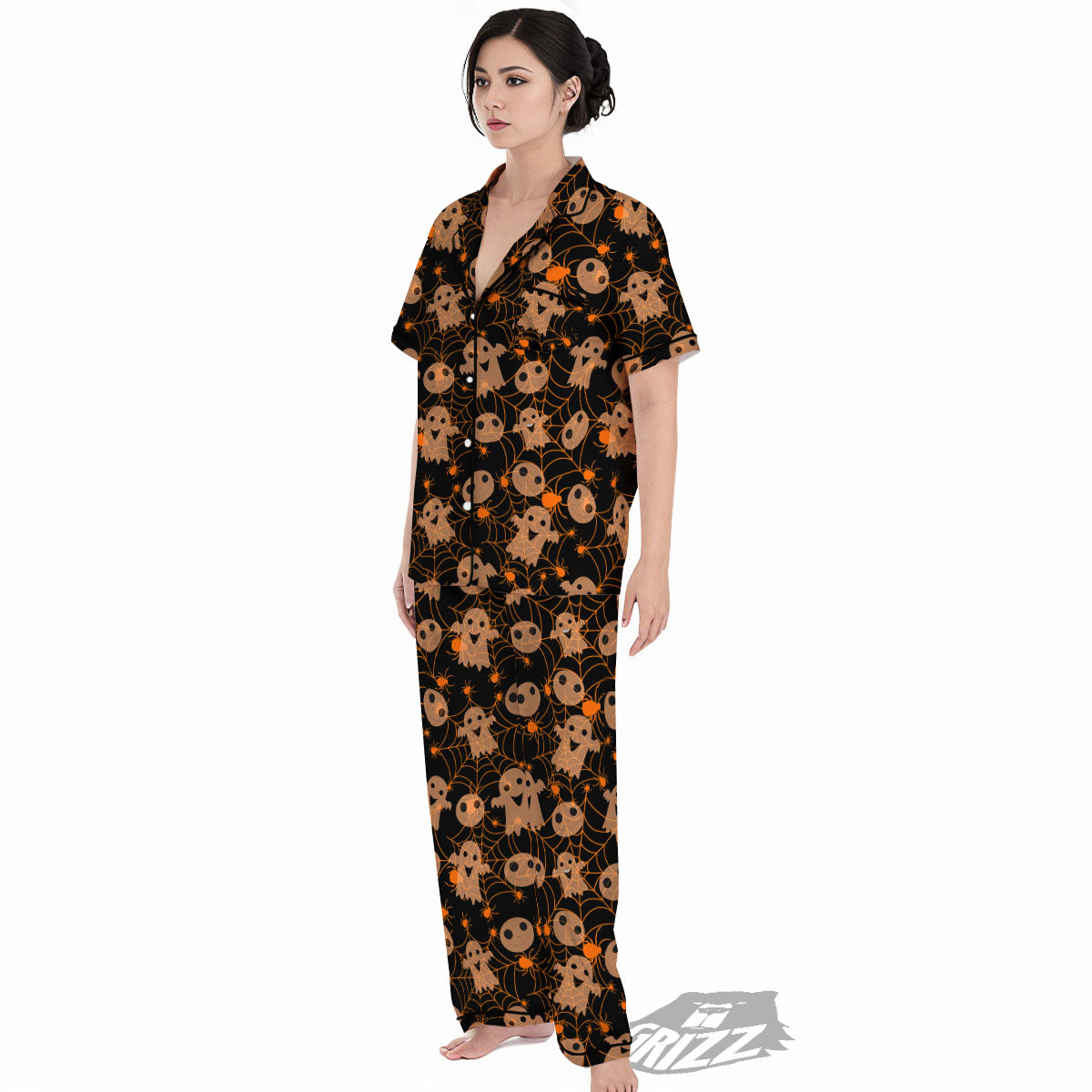 Spider Web Halloween Print Pattern Women's Pajamas Set-grizzshop