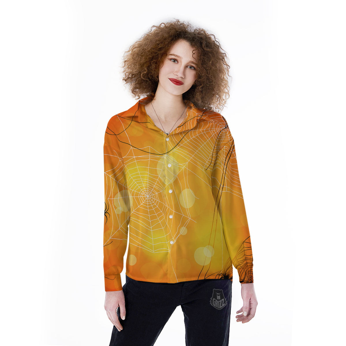 Spider Web Halloween Print Women's Long Sleeve Shirts-grizzshop