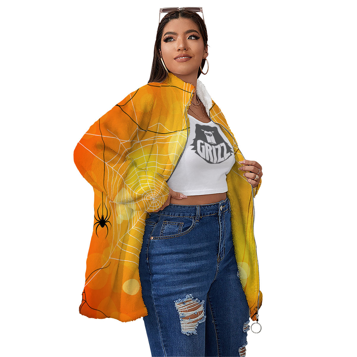 Spider Web Halloween Print Women's Sherpa Jacket-grizzshop