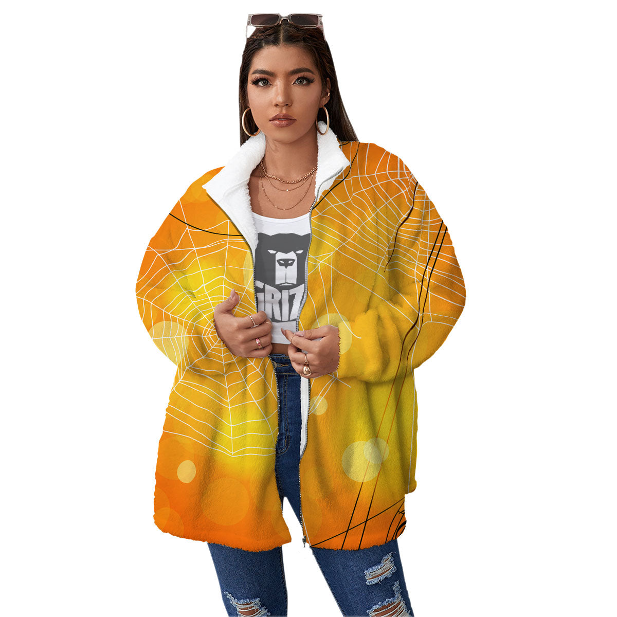 Spider Web Halloween Print Women's Sherpa Jacket-grizzshop