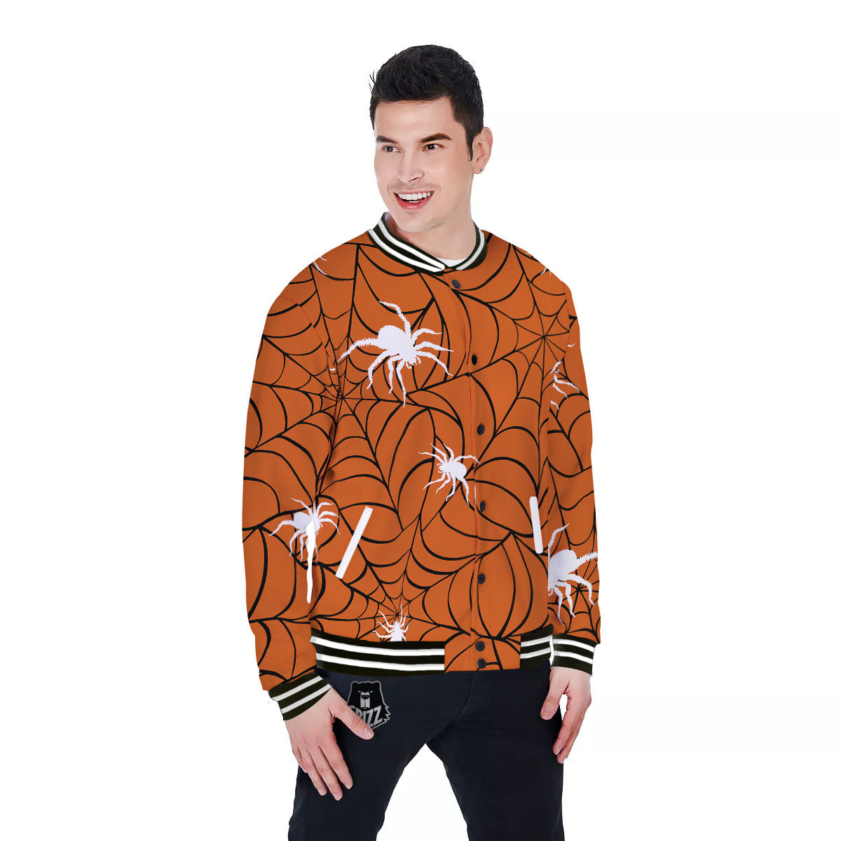 Spider Web Orange And Black Print Baseball Jacket-grizzshop