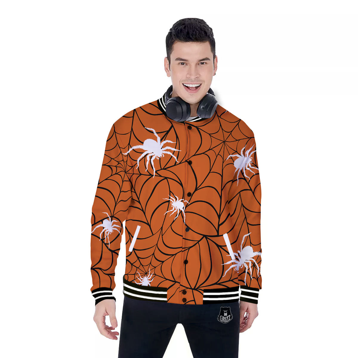 Spider Web Orange And Black Print Baseball Jacket-grizzshop