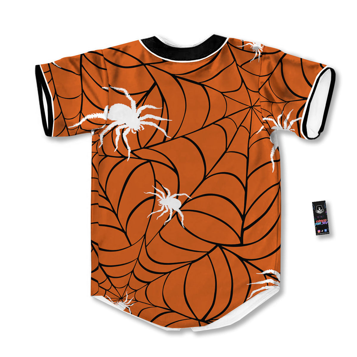 Spider Web Orange And Black Print Baseball Jersey-grizzshop