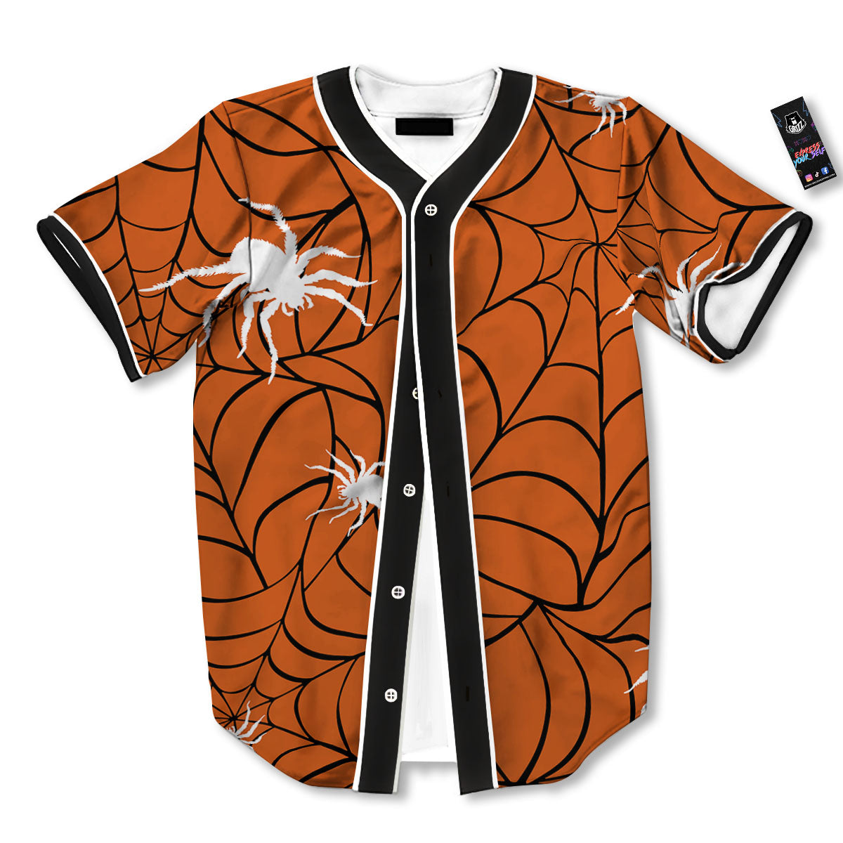 Spider Web Orange And Black Print Baseball Jersey-grizzshop