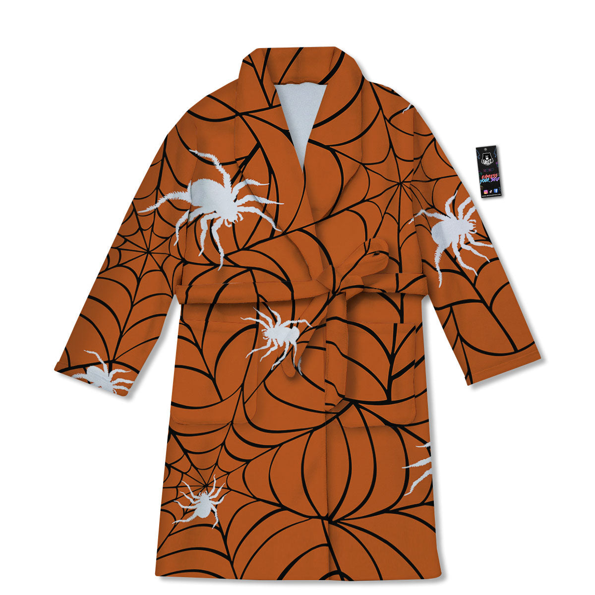 Spider Web Orange And Black Print Bathrobe-grizzshop