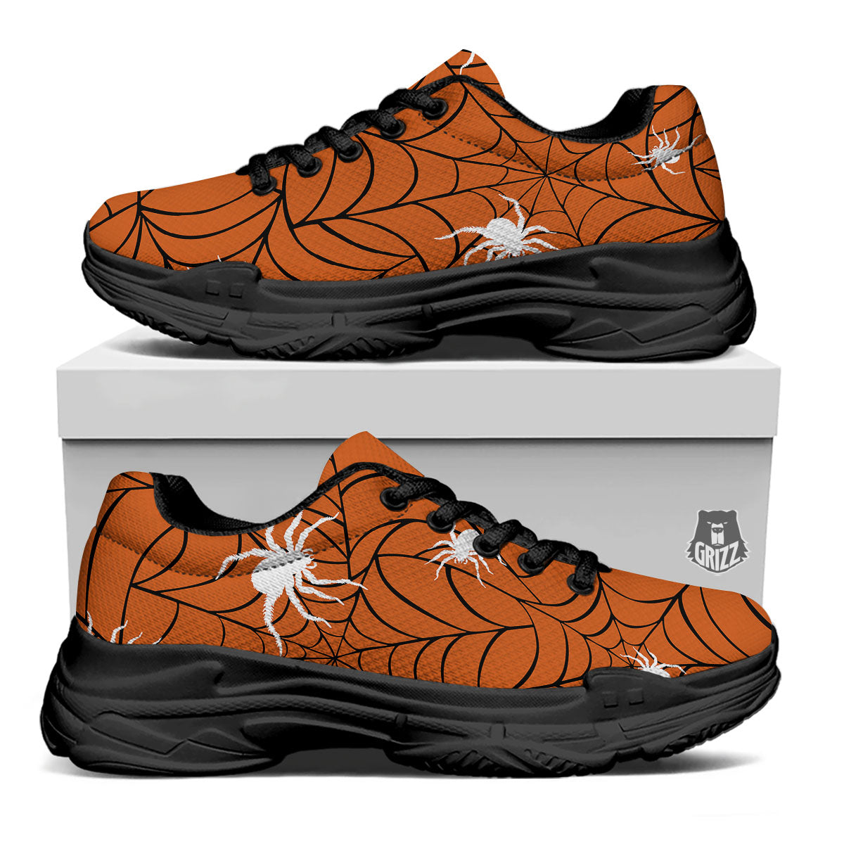 Spider Web Orange And Black Print Black Chunky Shoes-grizzshop