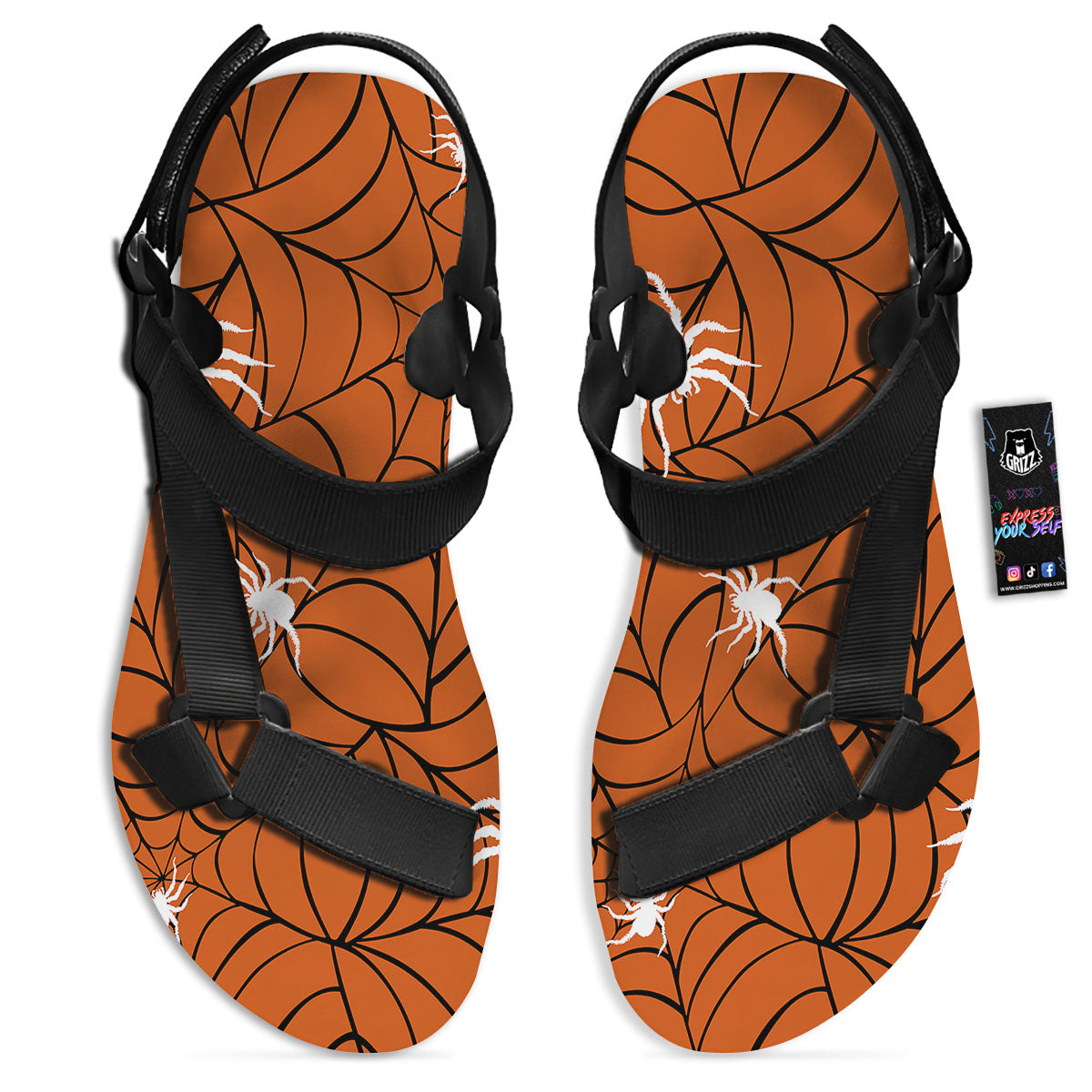 Spider Web Orange And Black Print Black Open Toe Sandals-grizzshop